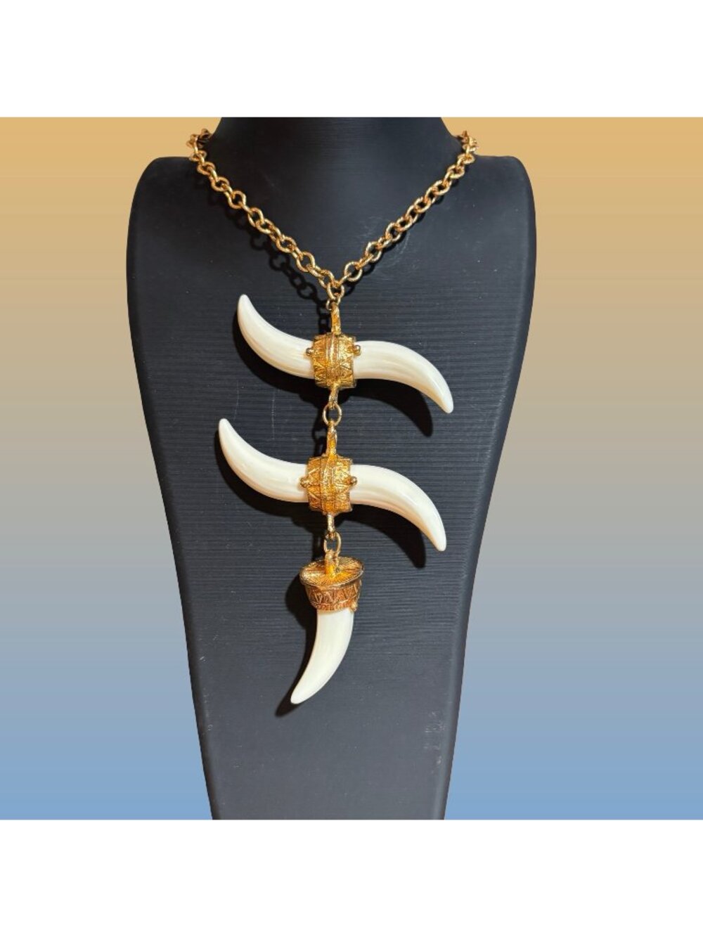 Two Tone Lucite Elephant Tusk Pendant Gold Tone Chain Necklace Vintage
